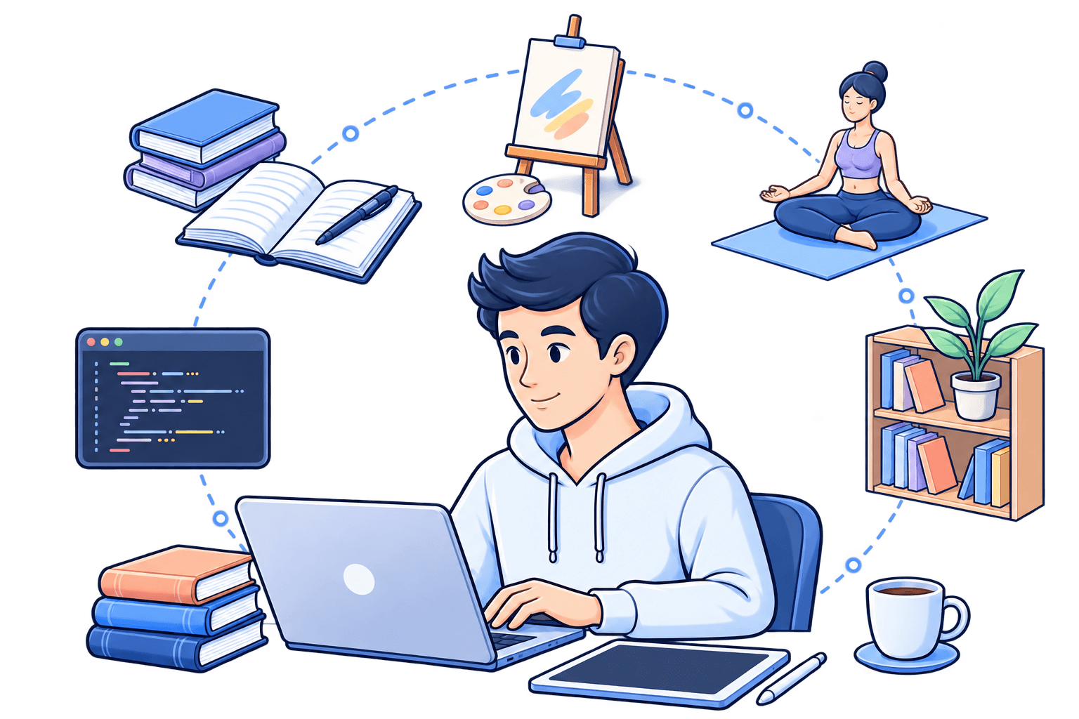A learner balancing study, creativity, mindfulness, and focused work